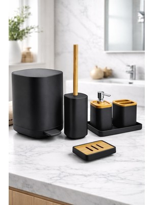 PremiumPort Bambu Banyo Seti Kare 6 Parça, Otomatik Basmalı Kapak, Şık ve Fonksiyonel