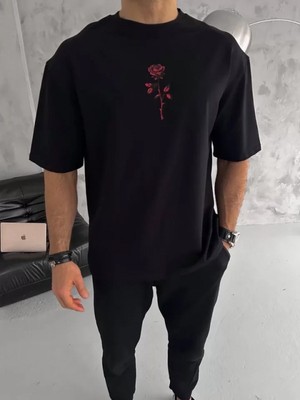 Efnaz Style Unisex Bisiklet Yaka Baskılı Oversize T-Shirt - Siyah