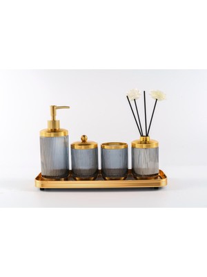 PremiumPort Şık Gray Gold 5 Parça Banyo Seti, Modern ve Fonksiyonel Tasarım