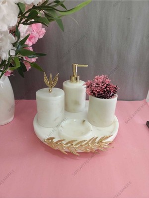 PremiumPort Beyaz Mermer Banyo Seti, Gold Zeytin Dalı Detaylı, Şık ve Zarif Tasarım