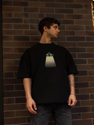 Efnaz Style Unisex Bisiklet Yaka Baskılı Oversize T-Shirt - Siyah