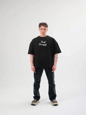 Efnaz Style Unisex Bisiklet Yaka Baskılı Oversize T-Shirt - Siyah
