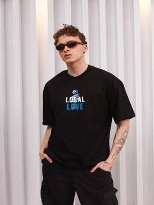 Efnaz Style Unisex Bisiklet Yaka Baskılı Oversize T-Shirt - Siyah