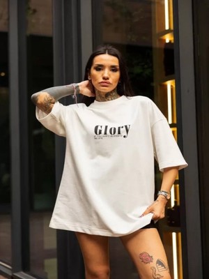 Efnaz Style Unisex Bisiklet Yaka Baskılı Oversize T-Shirt - Beyaz