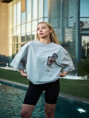 Efnaz Style Unisex Bisiklet Yaka Baskılı Oversize T-Shirt - Boyalı Gri