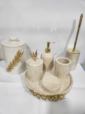 PremiumPort Şık Bej Mermer Banyo Seti, 7 Parça ile Zarif ve Fonksiyonel Tasarım