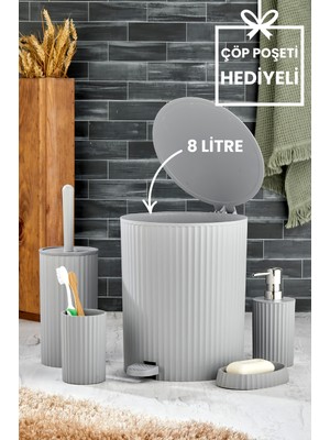 PremiumPort 5 Parça Banyo Seti, Pedallı Çöp Kovası, Wc Fırçası, Sabunluk, Diş Fırçası