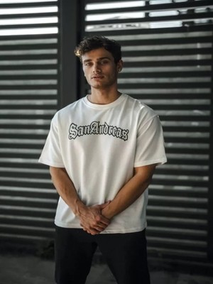 Efnaz Style Unisex Bisiklet Yaka Baskılı Oversize T-Shirt - Beyaz