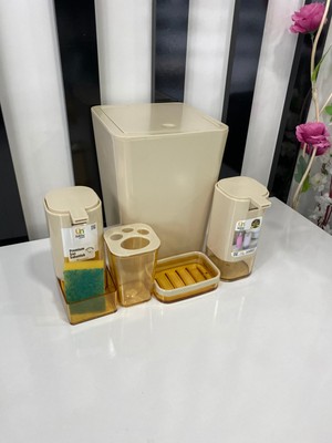 PremiumPort Şık 5 Parça Banyo Seti, Akrilik Krem Renk, 6l Çöp Kovası ve Sıvı Sabunluk