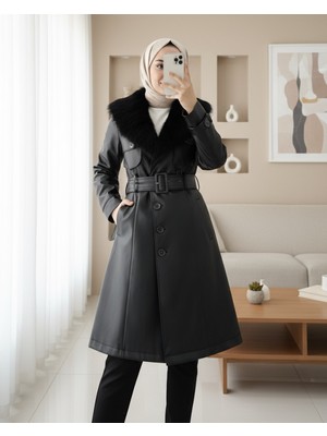Moda Morfo Çıkma Kürklü  Deri Mont -Siyah