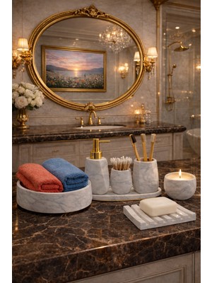 PremiumPort Şık Mermer Desenli 7'li Banyo ve Wc Seti, Sıvı Sabunluk ve Havluluk