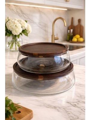 Özgürce 2'li Borosilikat Cam Akasya Kapaklı Sunum ve Salata Kasesi Seti