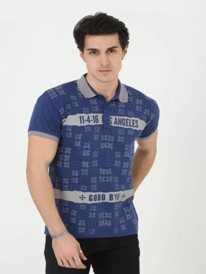 Efnaz Style Erkek Yakalı Slim Fit Baskılı T-Shirt - Mavi