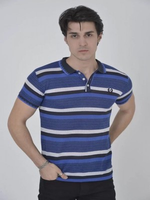 Efnaz Style Erkek Yakalı Slim Fit Dokuma Çizgili T-Shirt - Mavi