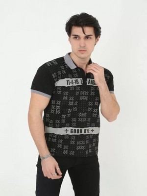 Efnaz Style Erkek Yakalı Slim Fit Baskılı T-Shirt - Siyah