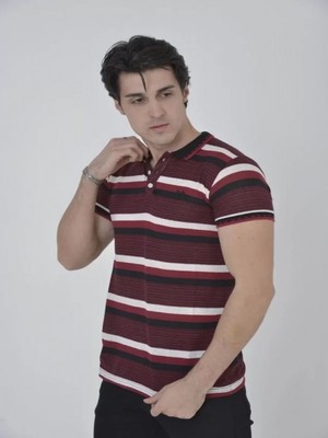 Efnaz Style Erkek Yakalı Slim Fit Dokuma Çizgili T-Shirt - Bordo