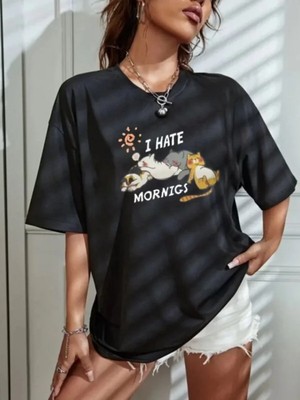Efnaz Style Bisiklet Yaka Baskılı Oversize T-Shirt - Siyah