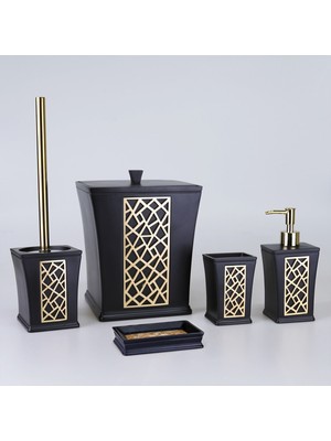 PremiumPort Şık Siyah ve Altın Banyo Seti, 5 Parça, Modern Tasarım