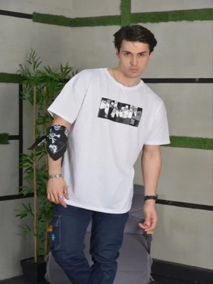 Efnaz Style Unisex Bisiklet Yaka Baskılı Oversize T-Shirt - Beyaz