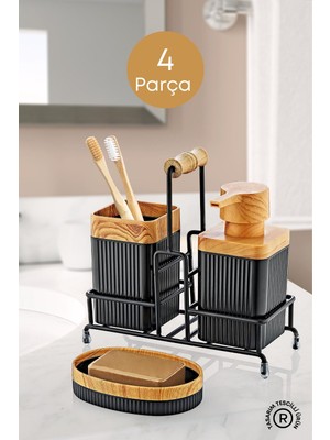 PremiumPort Ahşap Detaylı Metal Standlı Banyo Seti, Sıvı ve Katı Sabunluk, Diş Fırçalık