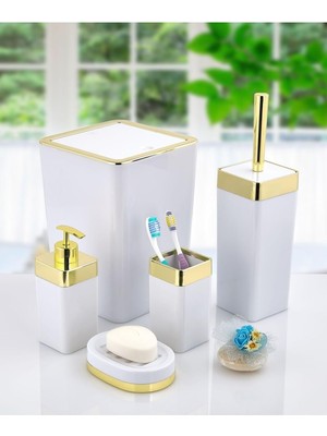PremiumPort 5 Parça Akrilik Gold Çizgi Banyo Seti Kare Beyaz