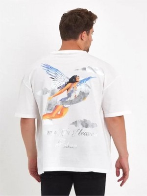 Efnaz Style Erkek Melek Baskılı Oversize T-Shirt - Beyaz