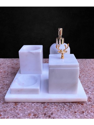 PremiumPort Beyaz Mermer Kare Geyik Detaylı 5'li Banyo Seti