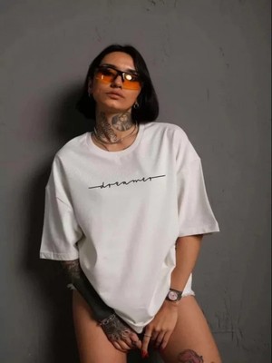 Efnaz Style Unisex Bisiklet Yaka Baskılı T-Shirt - Beyaz