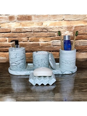 PremiumPort Modern Mermer ve Beton Tarzı 5 Parça Banyo Aksesuar Seti