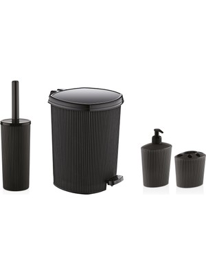 PremiumPort Şık Plastik 4 Parça Çizgili Banyo Seti Iç Kovalı Siyah