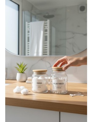 PremiumPort Cam Banyo Seti, Bambu Kapak, 300 Ml, Pamuk ve Kulak Pamuğu Kavanozu