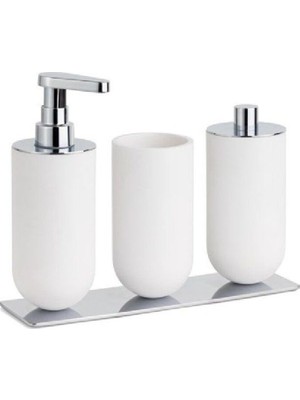 PremiumPort Şık Reçine Tezgah Üstü 3'lü Set, Beyaz, Krom, Modern Tasarım