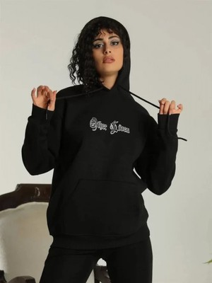 Efnaz Style Sırt Baskılı Oversize Üç Iplik Kapüşonlu Sweatshirt - Siyah
