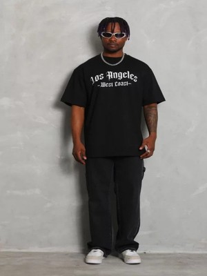 Efnaz Style Unisex Oversize Baskılı Bisiklet Yaka T-Shirt - Siyah