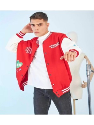 Efnaz Style Erkek Kolları Yıldız Sırt Baskılı Oversize Kolej Ceket - Kırmızı