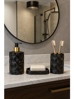 PremiumPort Şık 3 Parça Mermer Desen Siyah Gold Banyo Seti, Sabunluk ve Diş Fırçalık