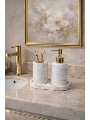 PremiumPort 3 Parça Mermer Desenli Beton Banyo Takımı, Şık ve Fonksiyonel Set