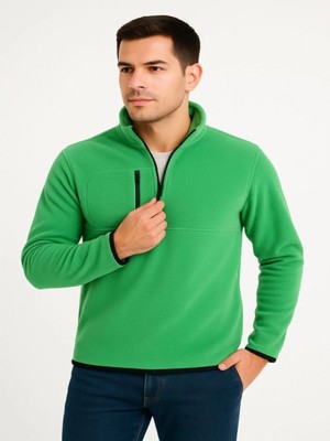 Efnaz Style Erkek Polar Kazak – Dik Yaka, Yarım Fermuarlı, Fermuarlı Göğüs Cepli, Siyah Biyeli, Kışlık Rahat Regular Fit Günlük Model - Yeşil
