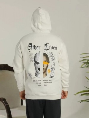 Efnaz Style Erkek Sırt Baskılı Oversize Üç Iplik Kapüşonlu Sweatshirt - Beyaz