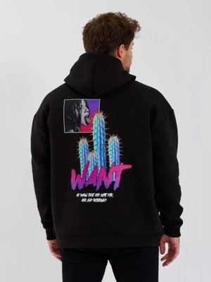 Efnaz Style Erkek Baskılı Üç Iplik Kapüşonlu Oversize Sweatshirt - Siyah