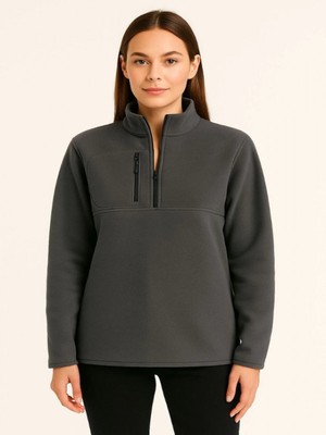 Efnaz Style Polar Kazak – Dik Yaka, Yarım Fermuarlı, Fermuarlı Göğüs Cepli, Siyah Biyeli, Kışlık Rahat Regular Fit Günlük Model - Füme