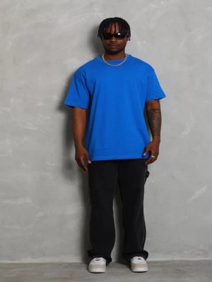 Efnaz Style Unisex Oversize Düz Bisiklet Yaka T-Shirt - Mavi