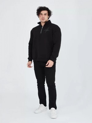 Efnaz Style Erkek Yarım Fermuarlı Baskılı Sweat - Siyah
