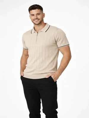 Efnaz Style Erkek Fermuarlı Yaka Fitilli Triko Kısa Kollu Regular Fit Tişört T-Shirt - Bej