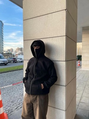Efnaz Style Samuray Ninja Çift Kapşonlu Zıp Fermuarlı Kanguru Çepli Tam Fermuarlı Hoodie Swetshirt - Siyah