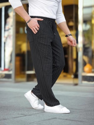 Efnaz Style Erkek Cizgili Dokuma Krep Jogger Buggy Pantalon Rahat Kalıp - Siyah