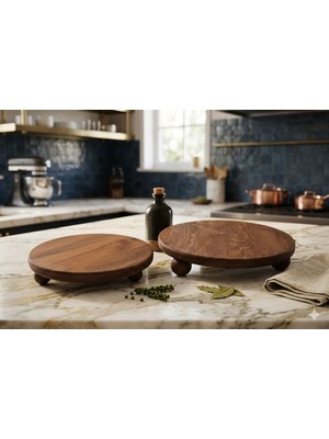 Özgürce Iki Parça Ahşap Sunumluk, 29 ve 24 Cm, Top Ayaklı, Ceviz Renk