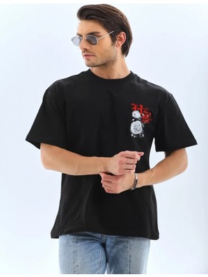 Efnaz Style Unisex Oversize Baskılı Bisiklet Yaka T-Shirt - Siyah