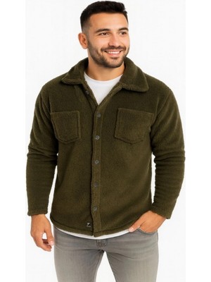 Efnaz Style Erkek Pelüş Polar Hırka Gömlek – Yakalı, Ilik Düğmeli, Göğüs Cepli, Yumuşak Dokulu Kışlık Regular Fit Rahat Günlük Model - Haki