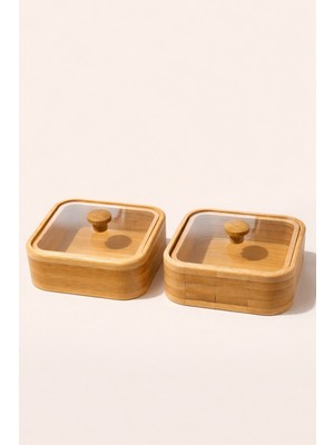 Özgürce Bambu Kahvaltılık Kase Seti 2’li, Kapaklı Ahşap Sunumluk, Doğal Kahvaltı ve Meze Seti